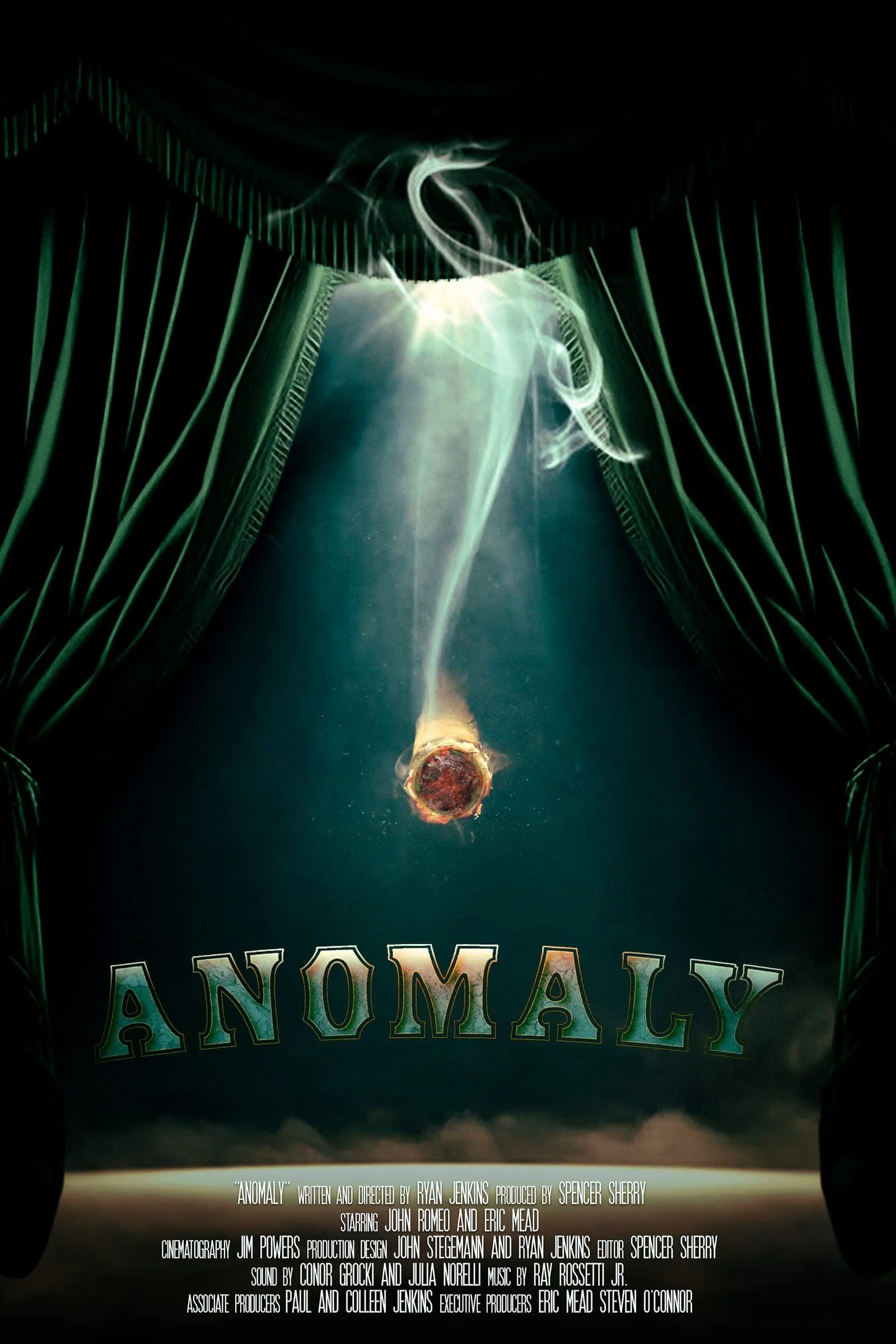 Anomaly poster — emerald theatre curtains framing a glowing ember rising as smoke.